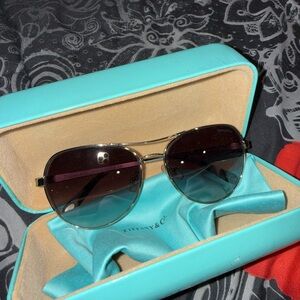Tiffany & Co. Silver Aviator Sunglasses with Blue Case